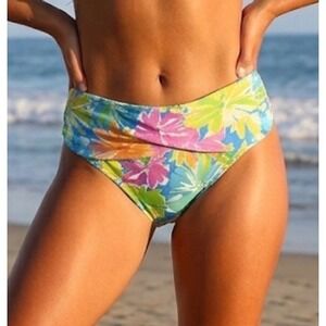 Bleu Rod Beattie Floral Cascade Fold Over High Waist Bikini Bottom Blue Multi 12